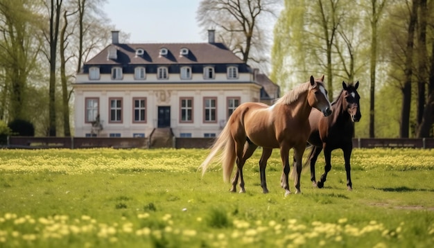 Dos caballos en un campo verde de primavera