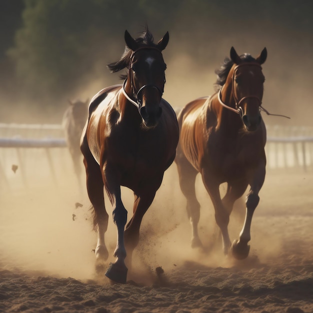 Dos caballos corriendo en un campo de tierra con polvo volando a su alrededor.