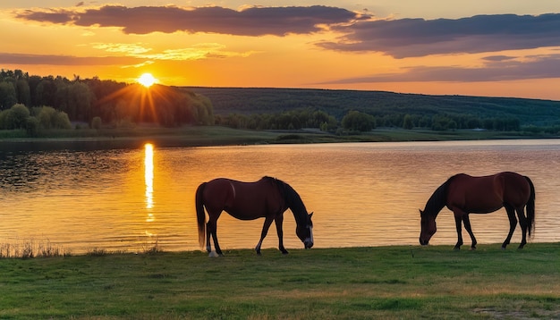 dos caballos están pastando en la hierba cerca de un lago