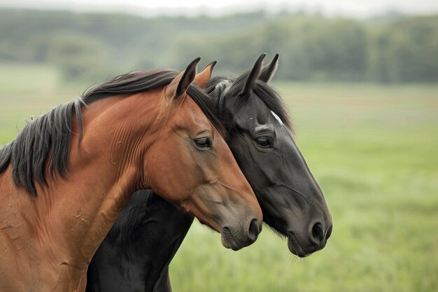 Dos caballos uno marrón y el otro negro contra un fondo de hierba verde