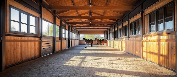 Foto dos caballos de pie en un establo vacío con paredes de madera y ventanas