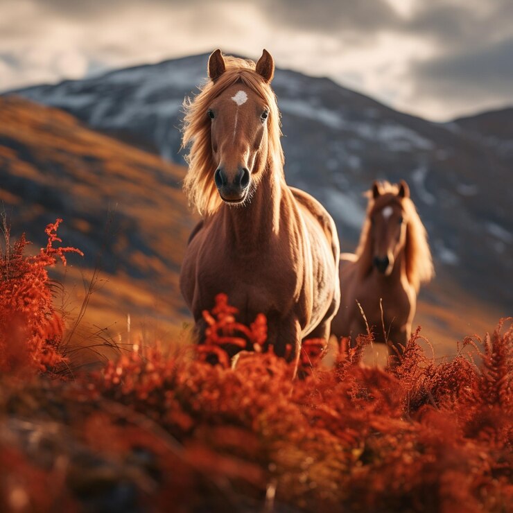 dos caballos de pie juntos con dos montañas detrás de ellos