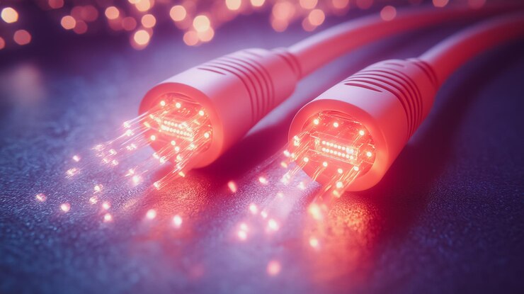 Foto dos cables blancos con luces rojas en ellos la imagen tiene un ambiente futurista y tecnológico