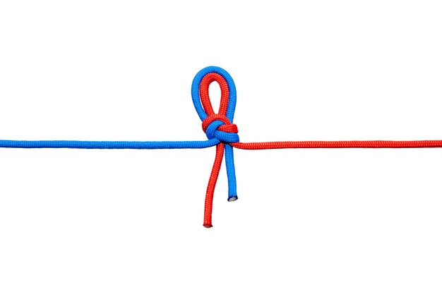 Dos cables rojos y azules están conectados nudo en un cable aislado sobre un fondo blanco.