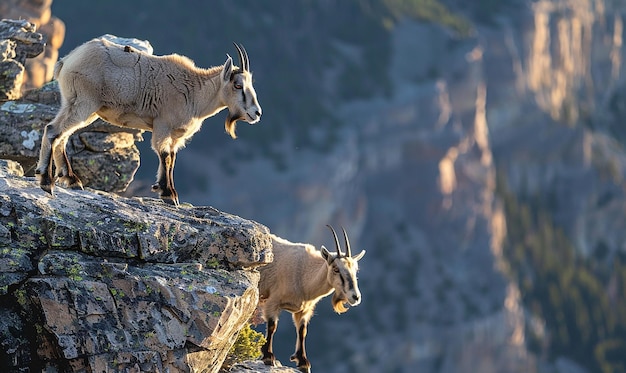 Foto dos cabras en una roca con la palabra salvaje en el lado