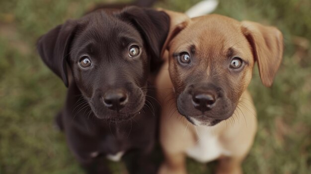 Dos cachorros adorables miran con curiosidad a la cámara sus ojos llenos de inocencia y asombro