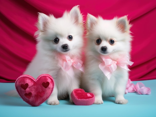 Dos cachorros con arcos rosados al lado de un cojín de corazón