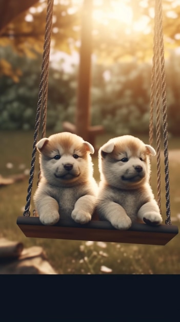 Dos cachorros en un columpio en el parque