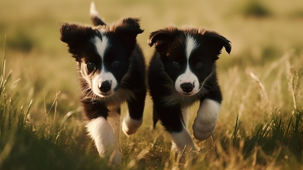 Dos cachorros corriendo en un campo