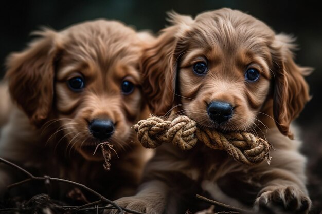 Foto dos cachorros con una cuerda en la boca