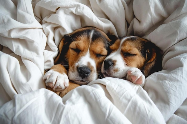 dos cachorros duermen en una cama