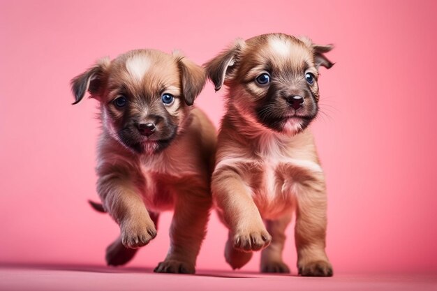 Foto dos cachorros están caminando juntos sobre un fondo rosa.