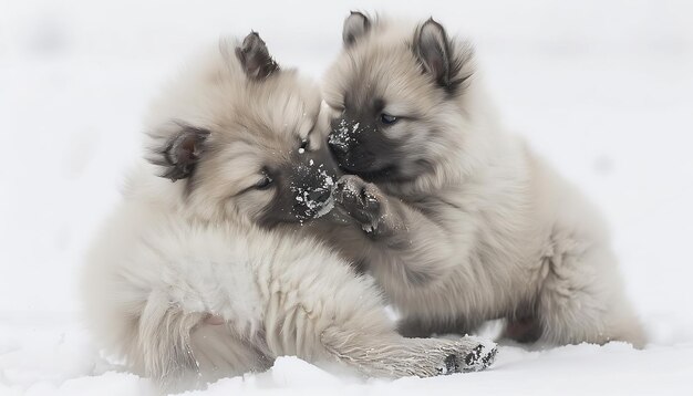 dos cachorros jugando en la nieve con uno siendo sostenido por otro
