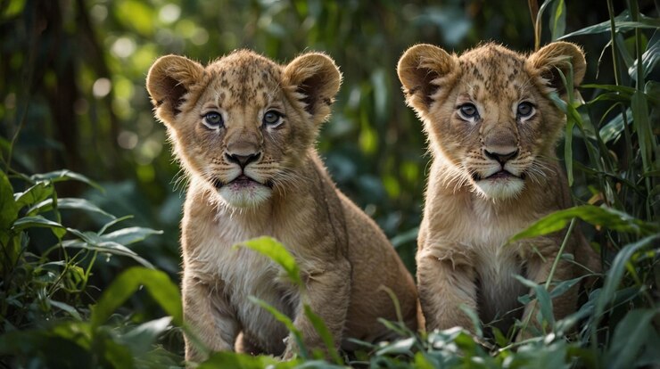 dos cachorros de león están sentados en la hierba