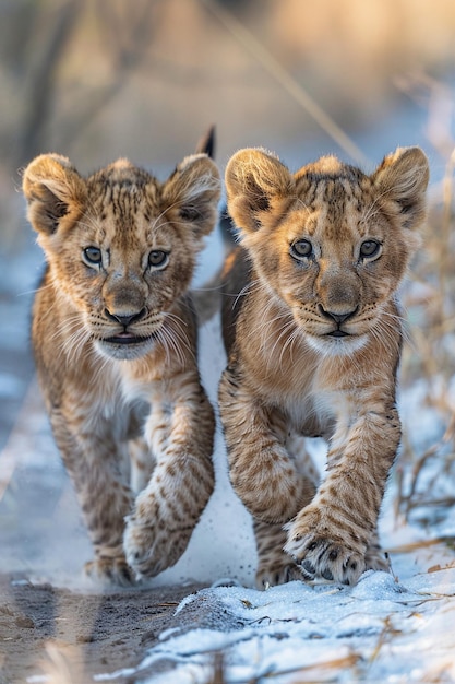 dos cachorros de león jóvenes corriendo en la nieve