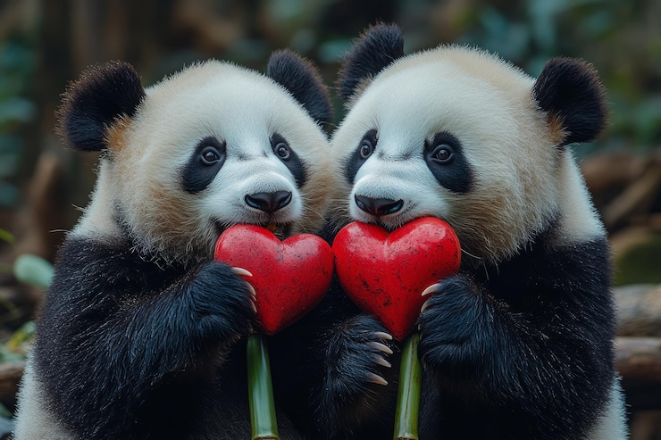 Foto dos cachorros de panda con corazones rojos con bambú en un entorno natural