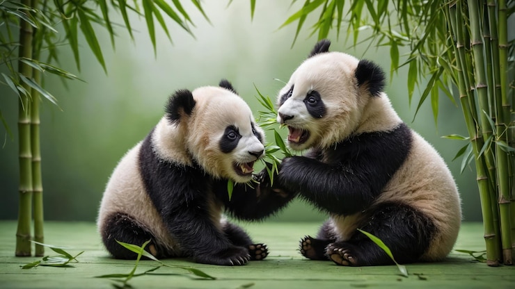 Foto dos cachorros de panda juguetones interactuando con el bambú en un entorno verde exuberante