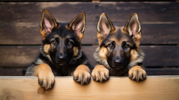 Dos cachorros de pastor alemán observan una mesa de madera