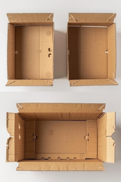 Foto dos cajas de cartón abiertas en una superficie blanca ideales para conceptos de embalaje y almacenamiento