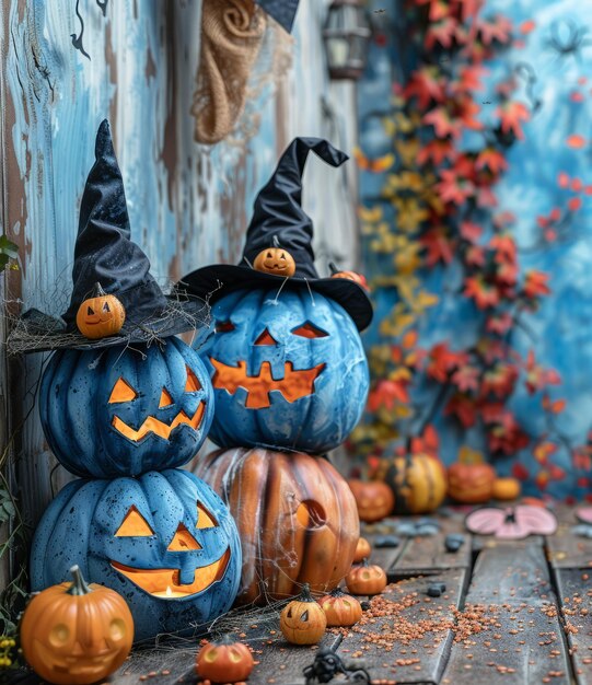 Foto dos calabazas azules de halloween con sombreros de bruja en la parte superior de dos calabazas naranjas