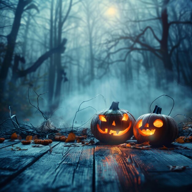 Foto dos calabazas de halloween se sientan en una mesa de madera en un bosque espeluznante