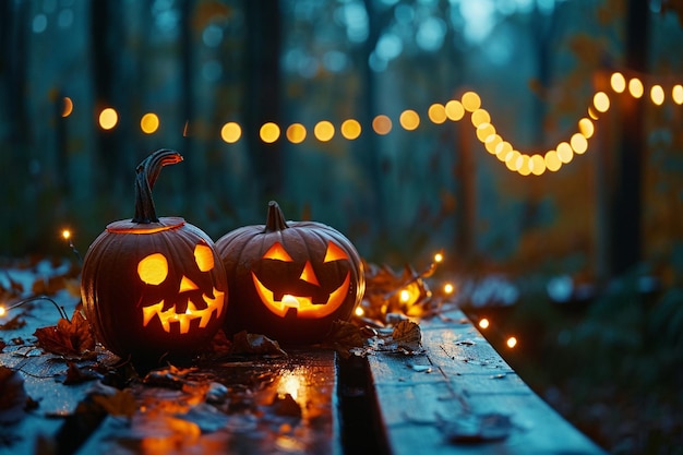 Foto dos calabazas de halloween sonrientes en una mesa de madera con luces en un bosque místico por la noche