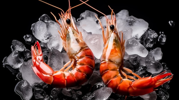 Dos camarones en hielo con la palabra langostinos en la parte inferior