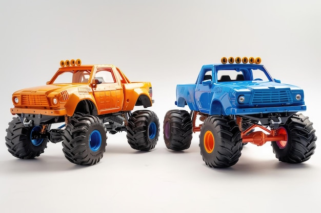 Foto dos camiones de juguete uno de los cuales tiene la palabra cabina en el frente