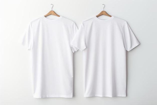 dos camisetas blancas colgando de una percha de madera