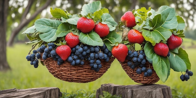 Dos canastas de fresas y arándanos se sientan en el tocón de un árbol.