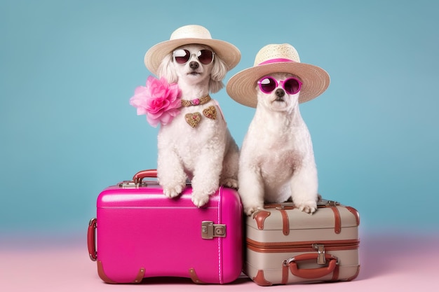 Foto dos caniches blancos con gafas y sombreros están sentados en maletas rosadas concepto de viaje de verano