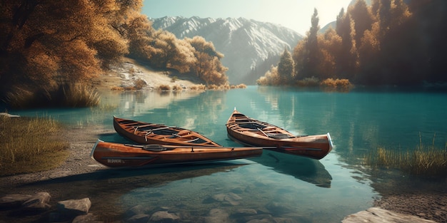 Dos canoas flotan en un lago con montañas al fondo.