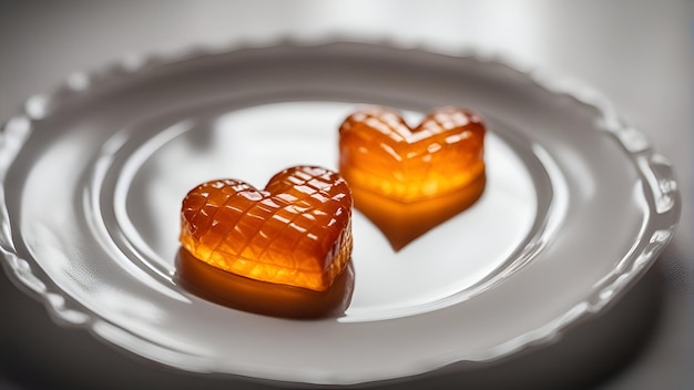 Dos caramelos en forma de corazón en un plato blanco profundidad de campo poco profunda