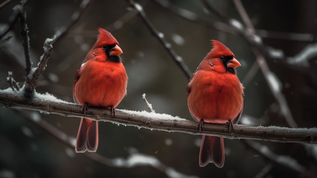 Dos cardenales sentados en una rama en la nieve.