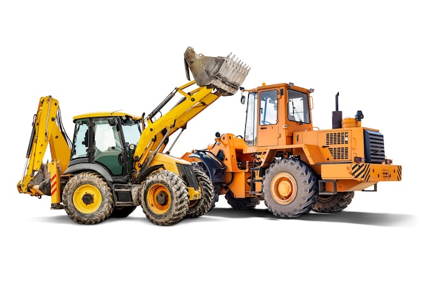 Dos cargadores frontales pesados o excavadoras sobre un fondo blanco aislado Equipos de construcción y transporte Transporte y movimiento de materiales a granel Elemento de excavación para el diseño