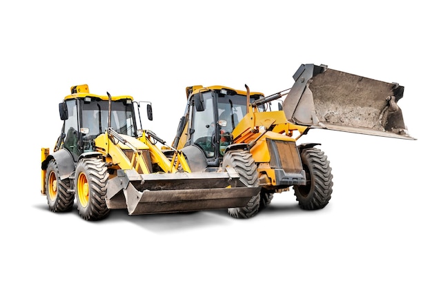 Dos cargadores frontales pesados o excavadoras sobre un fondo blanco aislado Equipos de construcción y transporte Transporte y movimiento de materiales a granel Elemento de excavación para el diseño