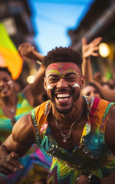 Foto dos carismáticos bailarines brasileños dirigen una actuación de baile apasionada en un animado carnaval