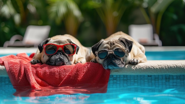 Dos carlos lindos con gafas de sol relajándose en una piscina con una toalla