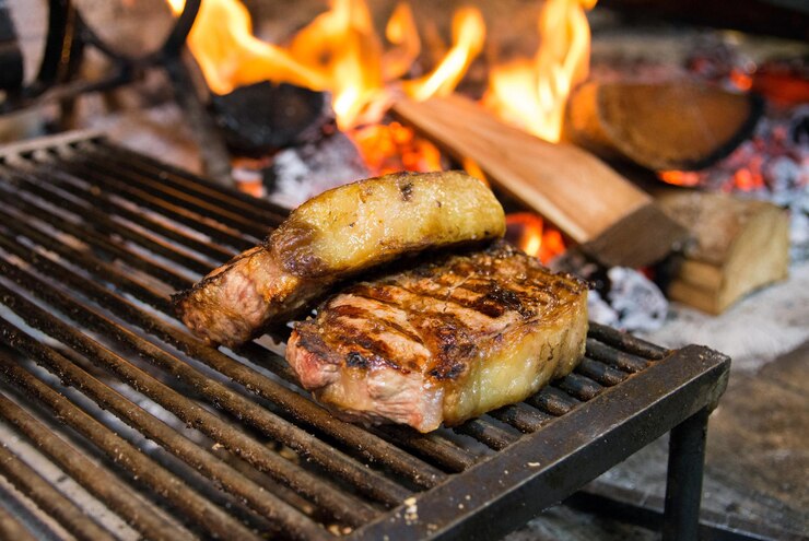 Foto dos carnes están cocinando en una parrilla con un fuego en el fondo