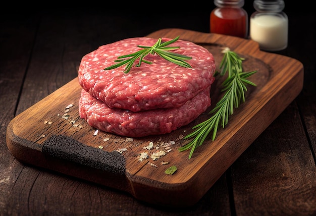 Dos carnes picadas en una tabla de cortar de madera con una botella de romero al lado