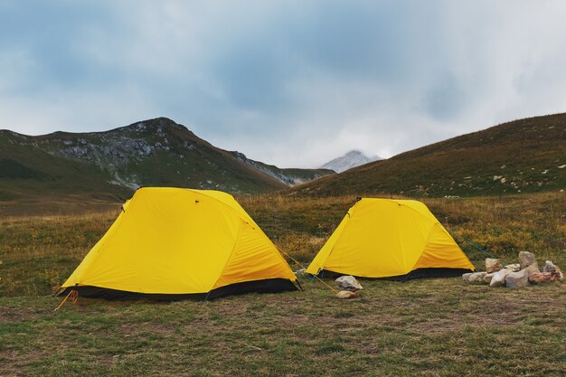 Dos carpas amarillas en un valle con montañas en otoño