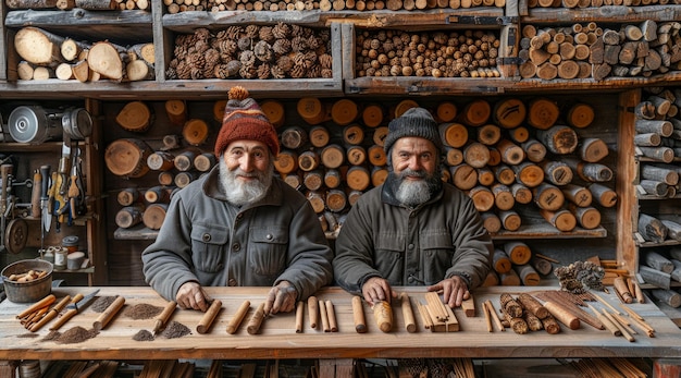 Dos carpinteros mayores trabajan con madera en el taller