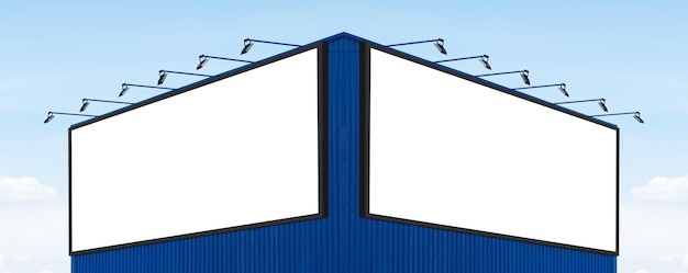 Dos carteles de fondo blanco simulados en un edificio azul con luz de punto