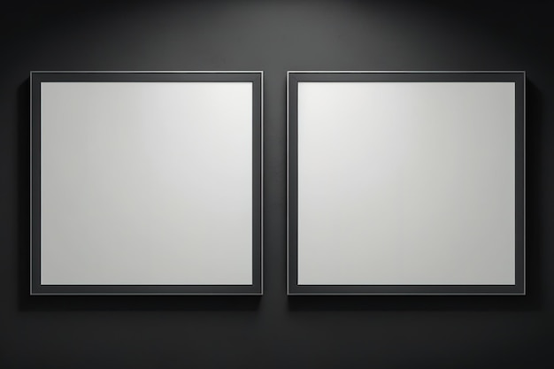 Dos carteles horizontales en blanco en la pared negra con un marco oscuro y un camino de recorte alrededor de la ilustración del cartel