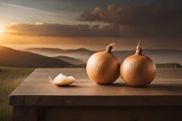 Dos cebollas sobre una mesa con un atardecer de fondo