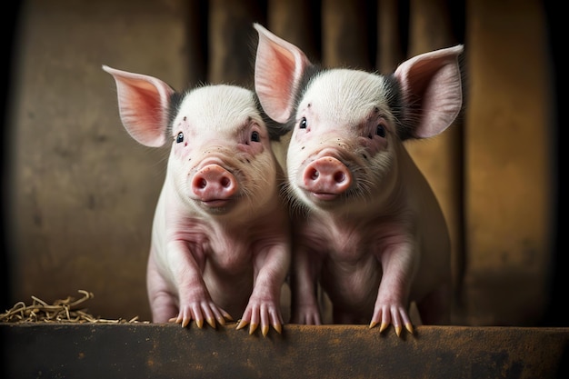 Dos cerdos domésticos rosados que sobresalen del granero en la granja de cerdos