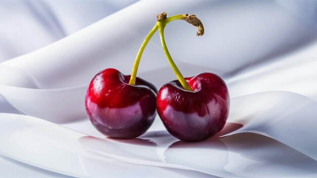 dos cerezas están atadas a un paño blanco