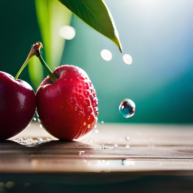 Dos cerezas están en una mesa de madera, una de las cuales es una gota de agua.