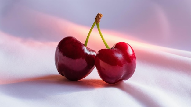 dos cerezas en un fondo blanco con un fondo rosa