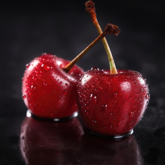 Dos cerezas frescas y jugosas en forma de corazón con gota de agua IA generativa